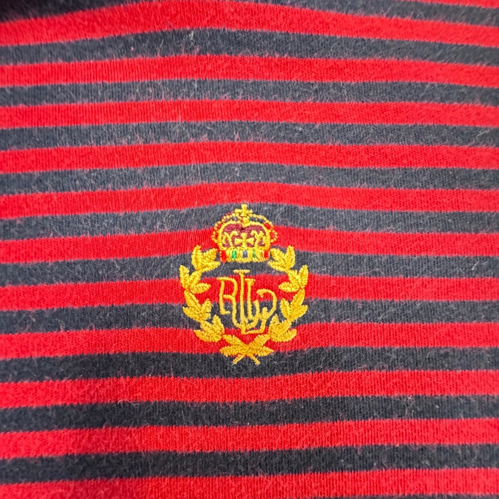 Lauren Ralph Lauren Red Navy Striped Turtleneck Crest Logo Cotton Top Large - Picture 3 of 8